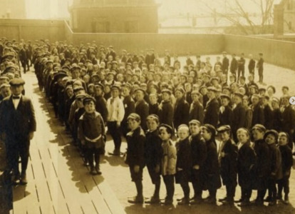 Boys lining up outside the North School in September,1911.