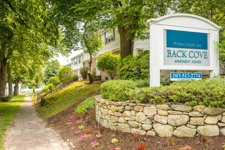 The entrance to the Princeton on Back Cove apartments in the 2020s, formerly the Forest Park Apartments
