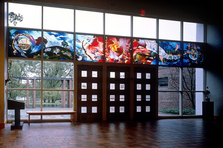 The stained glass "creation" windowns in TBE's interior lobby 