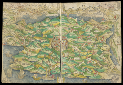 The first modern printed map. Map of Palestine, 1475 oriented with East at the top of the page, and featuring the walled city of Jerusalem in the center and illustrations of biblical scenes