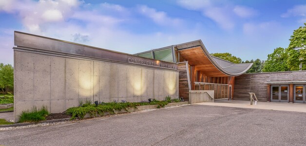 An exterior view of the entrance to Congregation Bet Ha'am in South Portland.